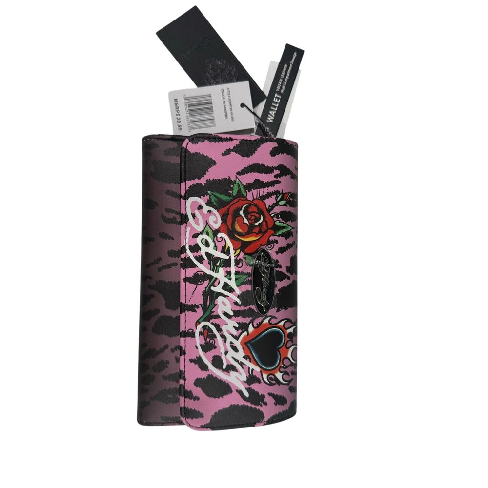 NWT Ed Hardy Love Kills Slowly Pink Leopard Bifold Wallet - Skull & Roses